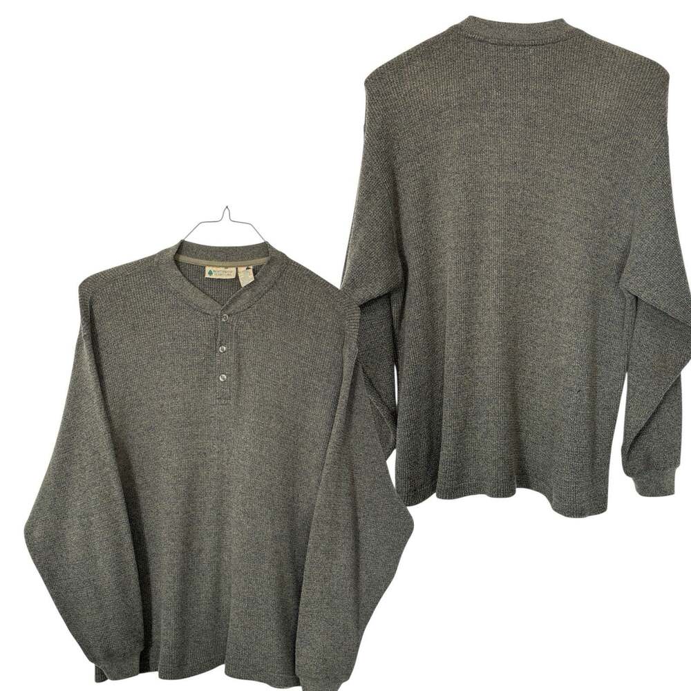 Vintage Waffle Knit Thermal Henley Mens L Olive Green Long Sleeve Gorp